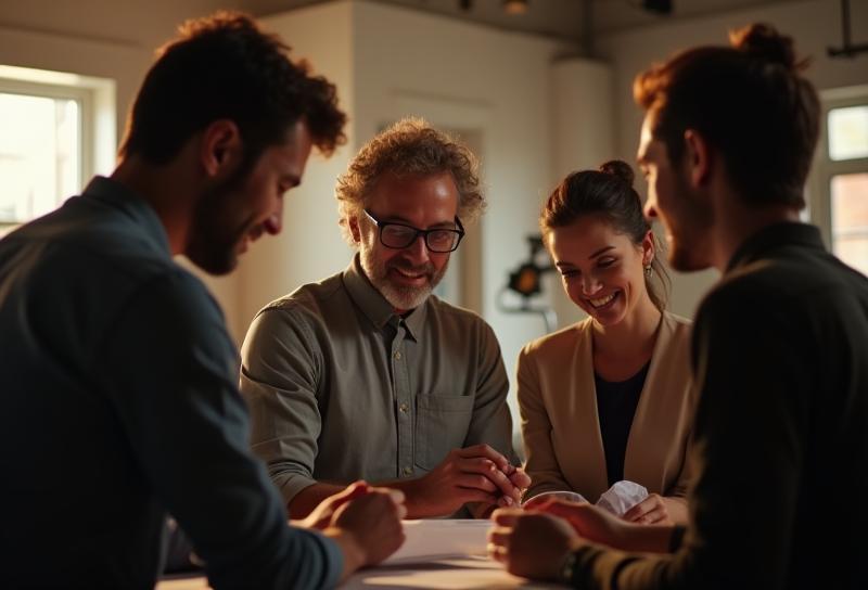 Team of photographers discussing in a studio setting